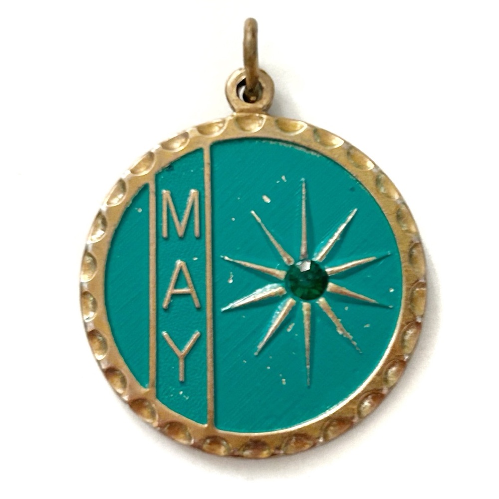 Vintage Signa-Craft May Birthday Birthstone Necklace Pendant Charm Teal Green